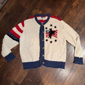 VTG Roughrider by Circle T Western Bucking Horse Linen Cardigan Sweater XL Rodeo